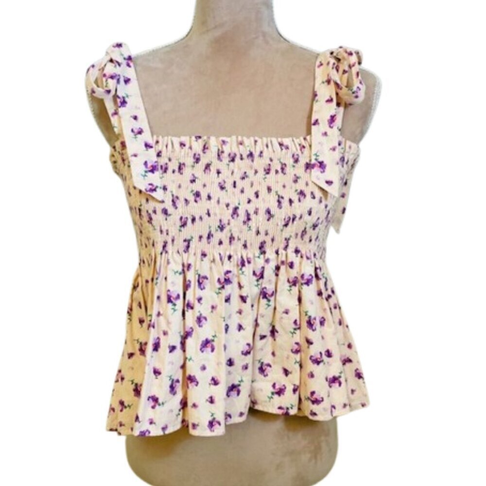 Anthropologie Jacqui E The Label Smocked Peplum Crop Babydoll Top Small